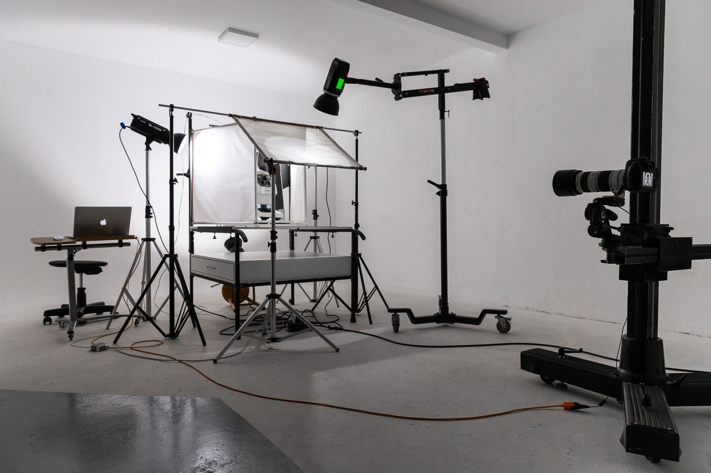 Product photography setup with a camera and props